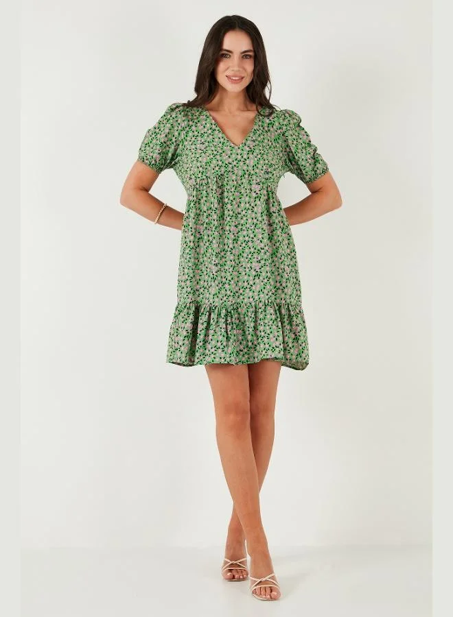 Lela  Lela Regular Fit V-Neck Balloon Sleeve Patterned Mini Dress Women's DRESS 67810045 for Women | Best Price UAE
