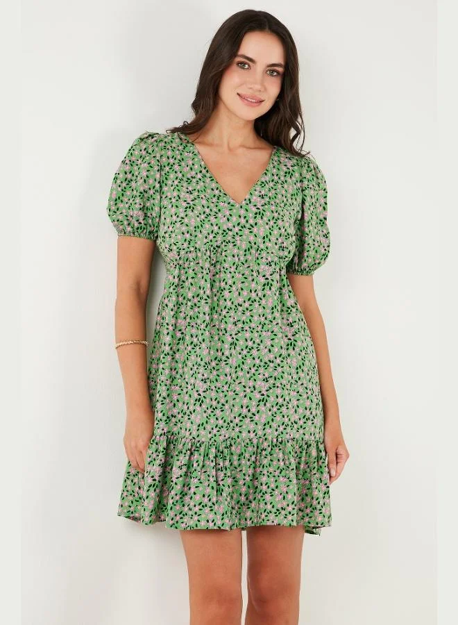 Lela  Lela Regular Fit V-Neck Balloon Sleeve Patterned Mini Dress Women's DRESS 67810045 for Women | Best Price UAE