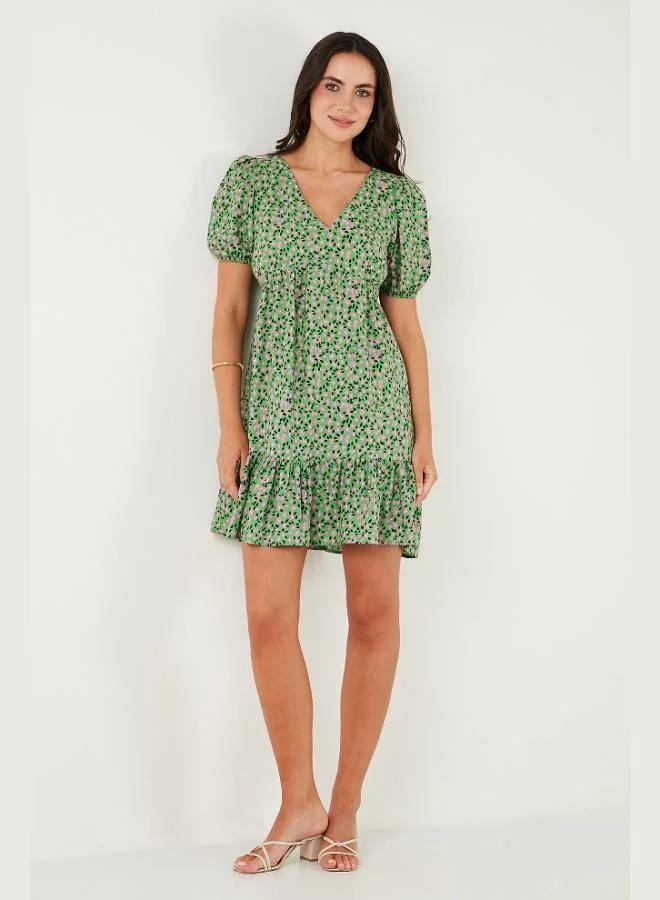 Lela  Lela Regular Fit V-Neck Balloon Sleeve Patterned Mini Dress Women's DRESS 67810045 for Women | Best Price UAE