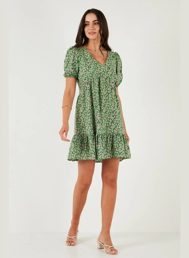 Lela  Lela Regular Fit V-Neck Balloon Sleeve Patterned Mini Dress Women's DRESS 67810045 for Women | Best Price UAE