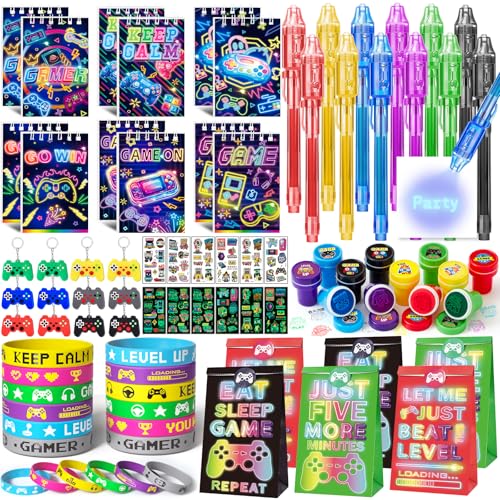 SNLN Video Game Party Favors Gamer Birthday Supplies Kids Notebook Invisible Ink Pen Paper Bag Silicone Bracelet Stamper Keychain Glow Tattoo Sticker Gaming Game On Party Favors Goodie Stuffers Decor - Image 1