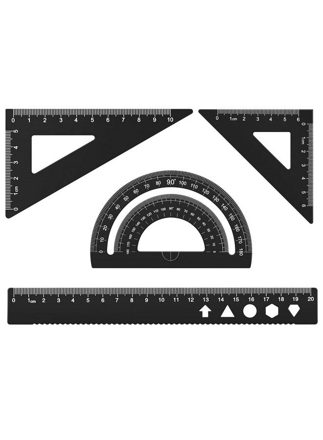 MSDADA Triangle Ruler, Protractor, Square and Ruler Set, 4 Pieces Aluminum Alloy Ruler, Metal Drafting Ruler Kit, Geometric Protractor for Student, School, Home, Office (Black, 20cm/7.87inch) - Image 1