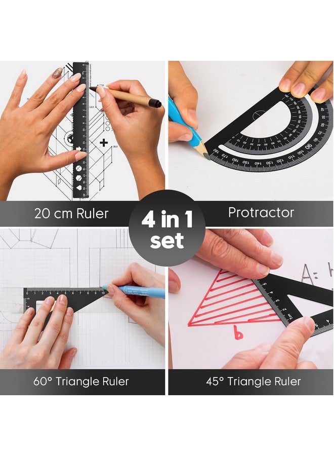 MSDADA Triangle Ruler, Protractor, Square and Ruler Set, 4 Pieces Aluminum Alloy Ruler, Metal Drafting Ruler Kit, Geometric Protractor for Student, School, Home, Office (Black, 20cm/7.87inch) - Image 2