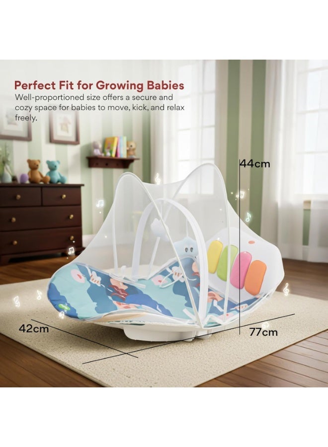 BAYBEE 4 in 1 Baby Play Gym & Rocker for Babies | Portable Baby Playgym for New Born with Rocking Function, Mosquito net, Lights, Music & Toys | Indoor Activity Baby Rocker for 0 to 24 Months Boys Girls Blue - Image 5