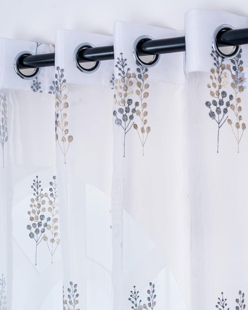 Parda Online 5 Ft Sheer Tissue Grommet Curtains with Embroidery Tree Design - Pack of 2 (Golden & Grey) - Image 1