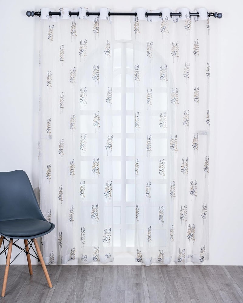 Parda Online 5 Ft Sheer Tissue Grommet Curtains with Embroidery Tree Design - Pack of 2 (Golden & Grey) - Image 2