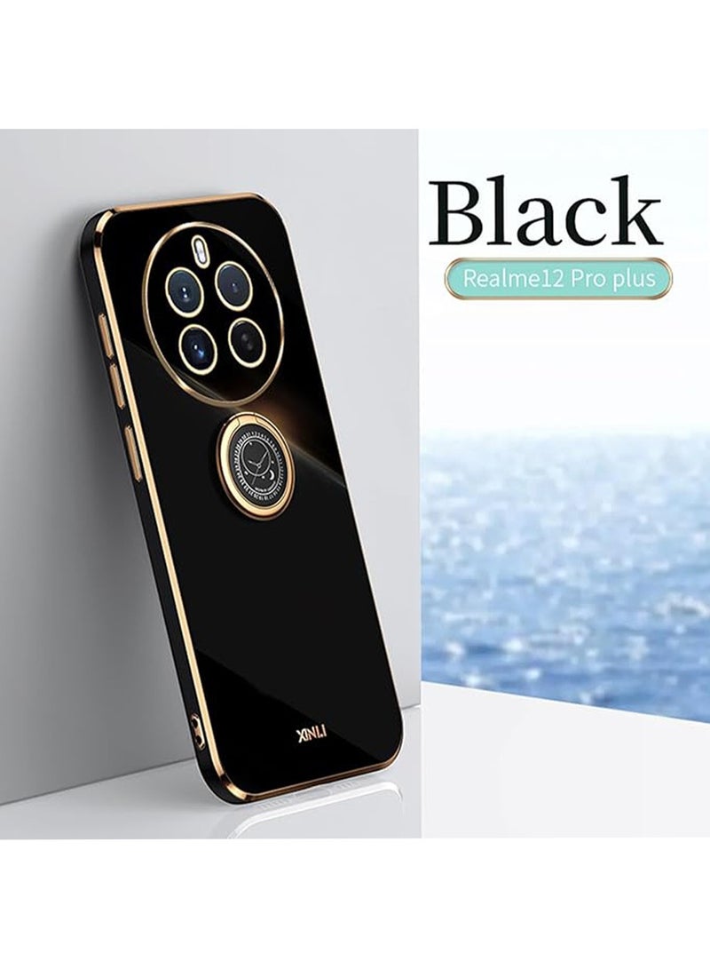 Case Cover for Realme 12 Pro 5G / Realme 12 Pro Plus 5G,Soft TPU Shockproof 360 Degree Ring Holder Kickstand Slim Plated Phone Case Cover-Black - Image 1