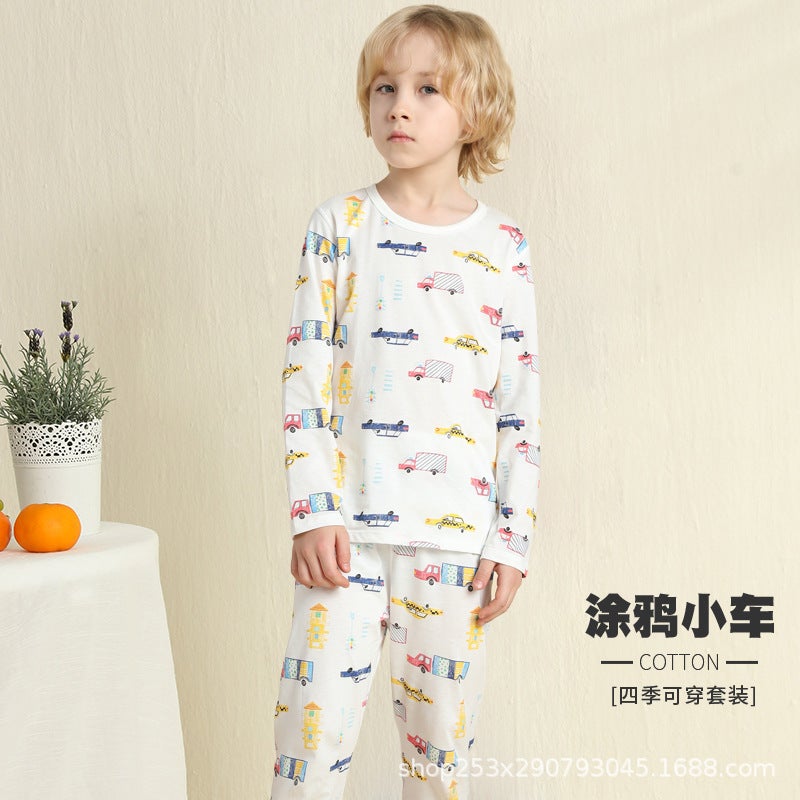Childrens Pajamas Summer Thin Pure Cotton Childrens Clothing Boys and Girls Air-conditioning Clothes Long Sleeve Childrens Cartoon Home Clothes Set Graffiti car 