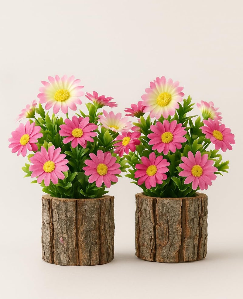 AceList Artificial Daisy Flowers in Rustic Bark Pots Set of 2 Small Pink Potted Plants for Spring Decor Farmhouse Centerpieces Gifts for Mom  Birthday