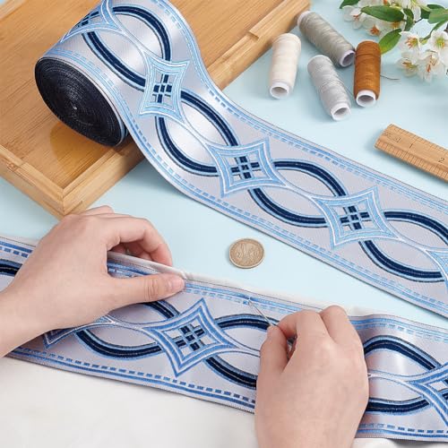FINGERINSPIRE 11 Yards Drapery Trim Jacquard Ribbon Blue Ethnic Style Jacquard Ribbon 3-1/2Inch(90mm) Wide Polyester Rhombus Curtain Trim Tape for Your Drapes Curtains Drapery Banding Trim Tape - Image 3