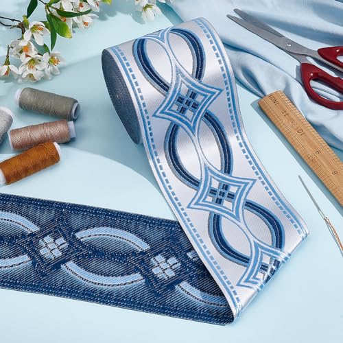 FINGERINSPIRE 11 Yards Drapery Trim Jacquard Ribbon Blue Ethnic Style Jacquard Ribbon 3-1/2Inch(90mm) Wide Polyester Rhombus Curtain Trim Tape for Your Drapes Curtains Drapery Banding Trim Tape - Image 5