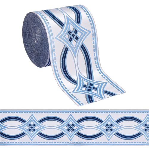 FINGERINSPIRE 11 Yards Drapery Trim Jacquard Ribbon Blue Ethnic Style Jacquard Ribbon 3-1/2Inch(90mm) Wide Polyester Rhombus Curtain Trim Tape for Your Drapes Curtains Drapery Banding Trim Tape - Image 1