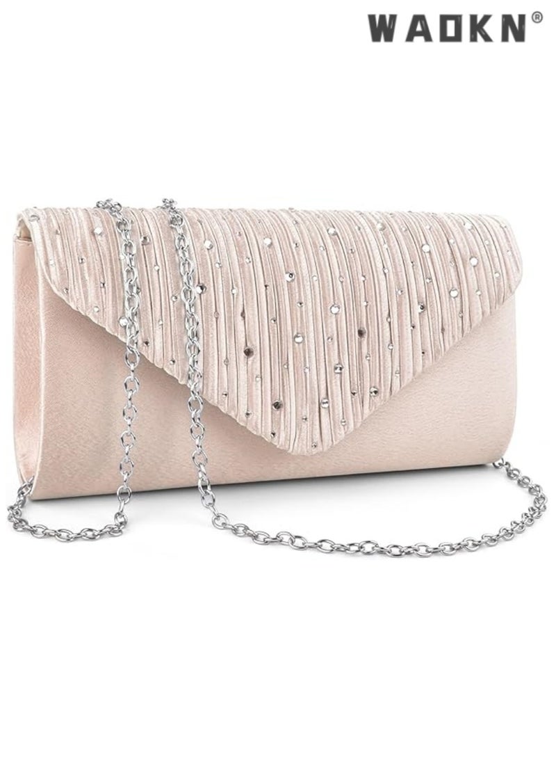 WAOKN Evening Bag Clutch Purse for Women Ladies, Small Sparkly Clutch Glitter Handbag Purse with Removable Chain for Formal Dress Bride Wedding Prom Party（apricot） - Image 1