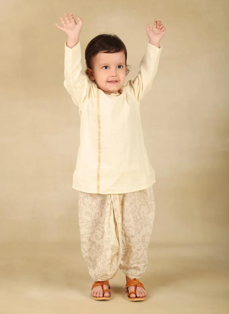 Fabindia White Cotton Blend Hand Block Printed 2Pc Dhoti Set