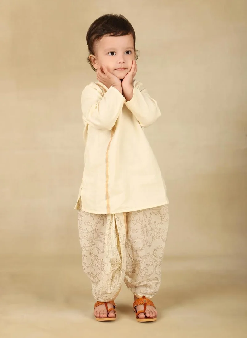 Fabindia White Cotton Blend Hand Block Printed 2Pc Dhoti Set