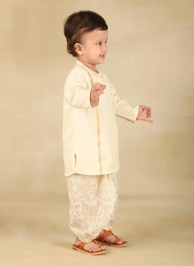 Fabindia White Cotton Blend Hand Block Printed 2Pc Dhoti Set