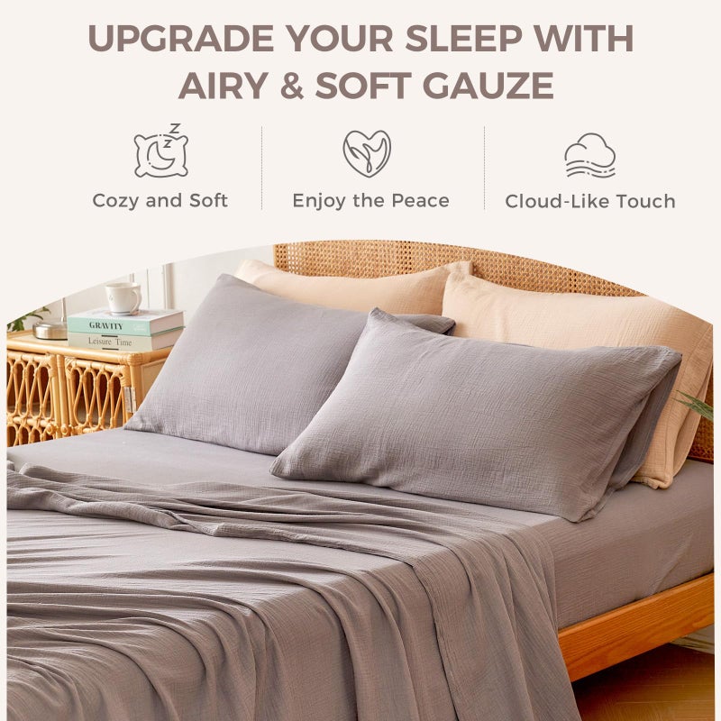 LUTBM King Sheet Set Cotton Bed Sheets Gauze 4 Pcs Grey King Sheets Set 16" Deep Pocket Sheet & Pillowcase Sets Boho Muslin King Sheets Soft King Bedding Sets for All Season - Image 5