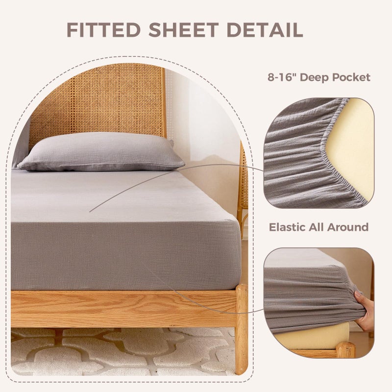 LUTBM King Sheet Set Cotton Bed Sheets Gauze 4 Pcs Grey King Sheets Set 16" Deep Pocket Sheet & Pillowcase Sets Boho Muslin King Sheets Soft King Bedding Sets for All Season - Image 3