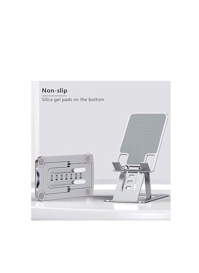 OUYoo - OUYoo Foldable Cell Phone Stand Holder Aluminum Adjustable Height Nonslip Adhesive Portable Cellphone Cradle for Desk Office Table Home Travel Mobile Smartphone Compatible with tablets（Gray） - Image 1