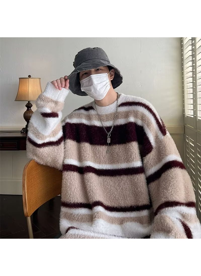 Generic Thickened Mens Striped Cashmere Sweater Winter Warm Knittedwear Oversize Lazy Style Casual Long Sleeve round Neck Pullover Brown  - Image 3