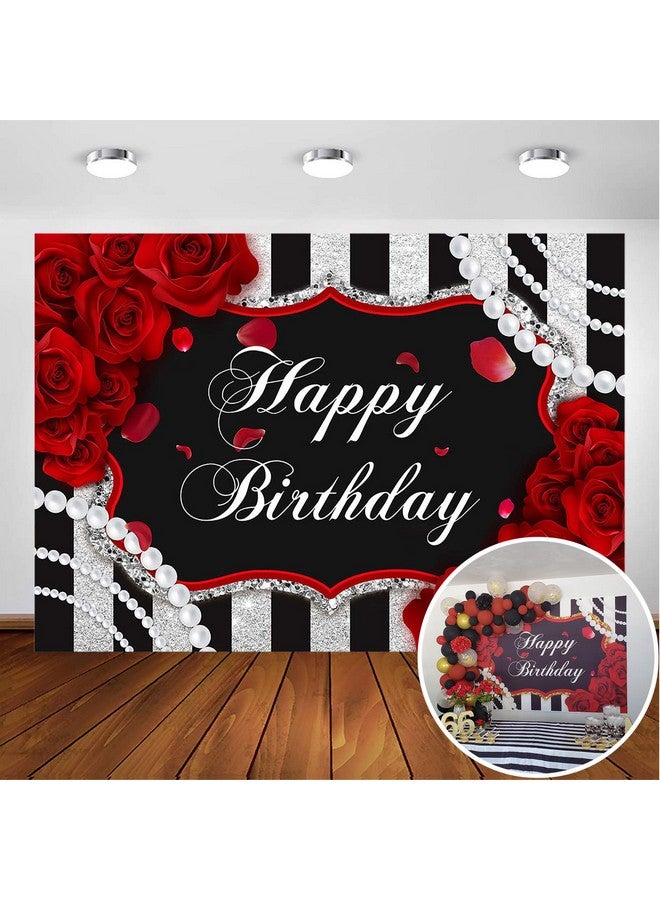 Avezano Red Rose Birthday Backdrop For Girls Woman Party Decorations Red Roses Floral Pearl Black And Silver Stripes Happy Birthday Party Banner Photoshoot Photo Booth Photography Background (7X5Ft) - Image 1