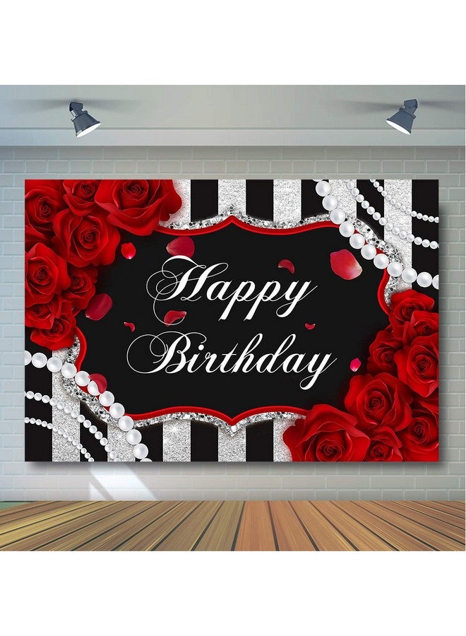 Avezano Red Rose Birthday Backdrop For Girls Woman Party Decorations Red Roses Floral Pearl Black And Silver Stripes Happy Birthday Party Banner Photoshoot Photo Booth Photography Background (7X5Ft) - Image 4