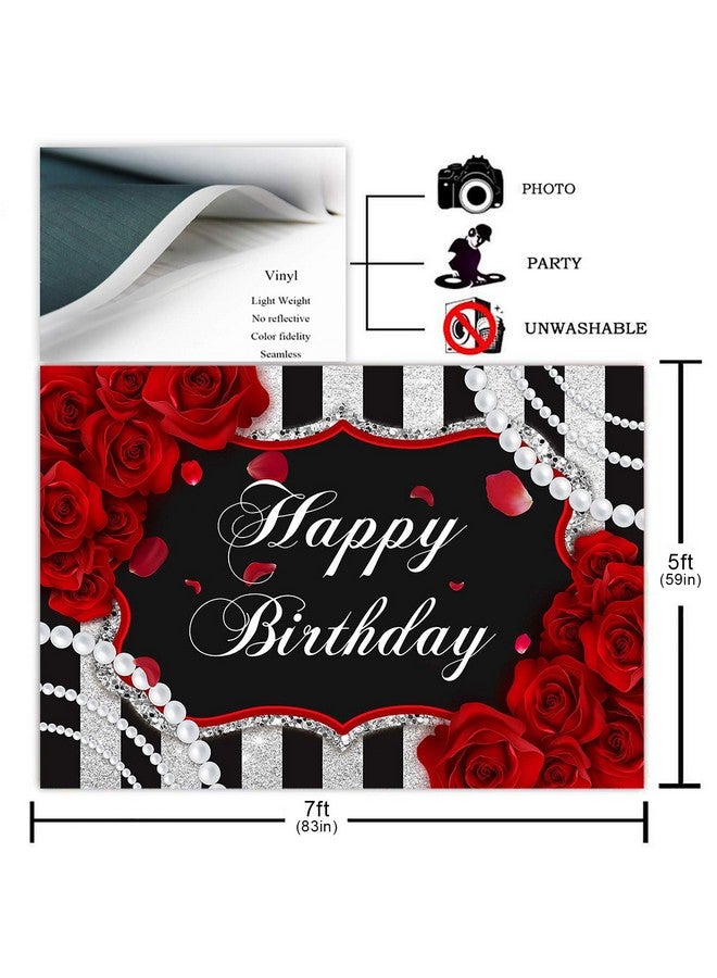 Avezano Red Rose Birthday Backdrop For Girls Woman Party Decorations Red Roses Floral Pearl Black And Silver Stripes Happy Birthday Party Banner Photoshoot Photo Booth Photography Background (7X5Ft) - Image 3