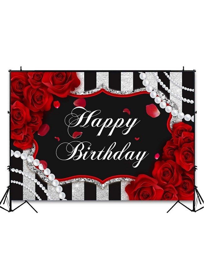 Avezano Red Rose Birthday Backdrop For Girls Woman Party Decorations Red Roses Floral Pearl Black And Silver Stripes Happy Birthday Party Banner Photoshoot Photo Booth Photography Background (7X5Ft) - Image 5
