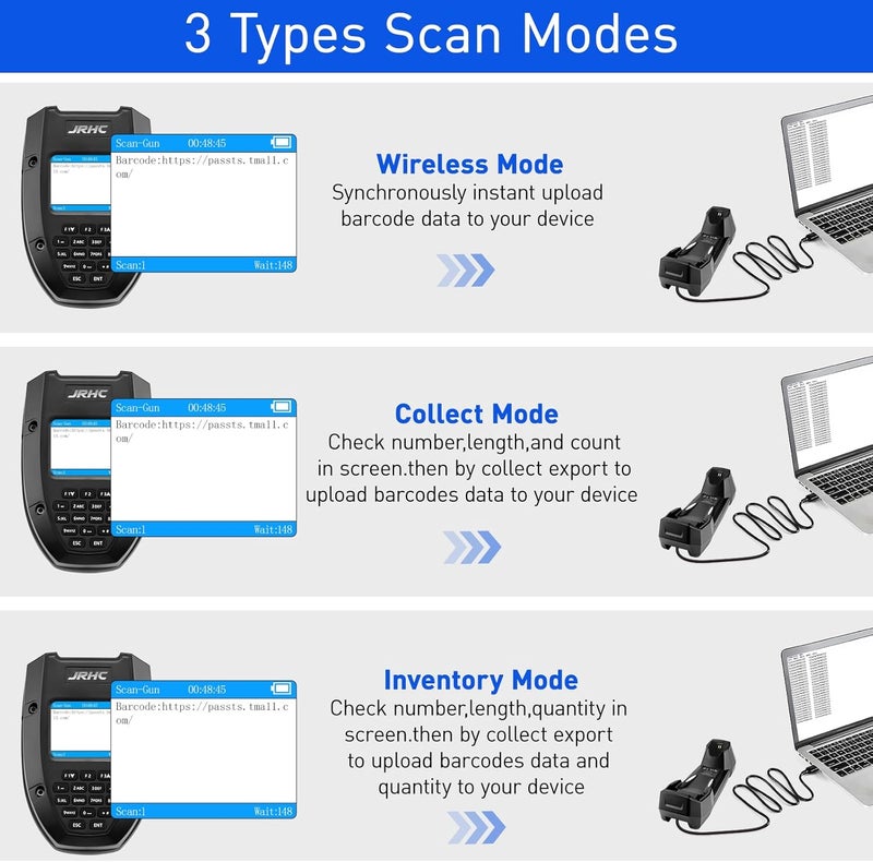 JRHC 1D 2D Barcode Scanner, Wireless Inventory Scanner & PDA Data Collector Data Terminal PDT Inventory Device with Long Transmission Distance 2.4G Wireless Bar Code Reader with 2" LCD Screen - Image 4