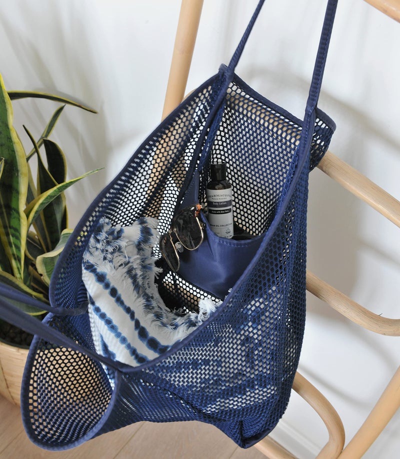 HOXIS Mesh Beach Tote Womens Shoulder Handbag Large Dark Blue - Image 3