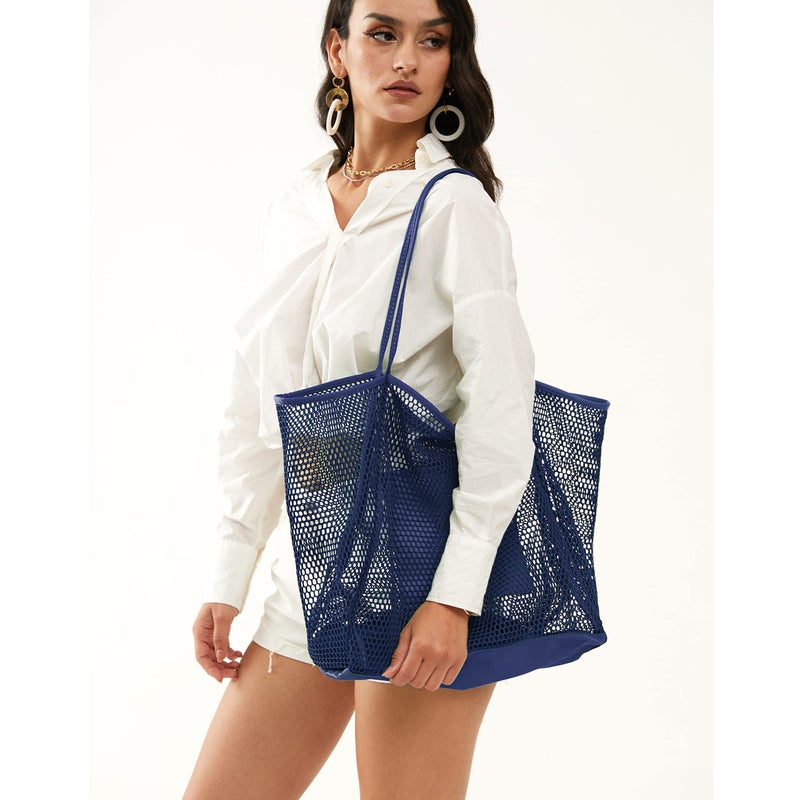 HOXIS Mesh Beach Tote Womens Shoulder Handbag Large Dark Blue - Image 5
