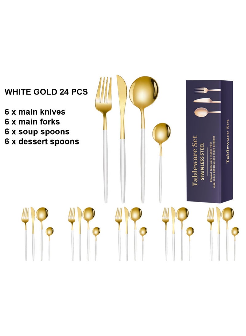 Premium 24-Piece Stainless Steel Cutlery Set in Multiple Colours Variations (Silver, Rose Gold, Gold, Pink/Gold, White/Gold Handles) with 6 X Main Knives/Main Forks/Soup Spoons/Dessert Spoons! Perfect for Gifting/Self-use!  - Image 1