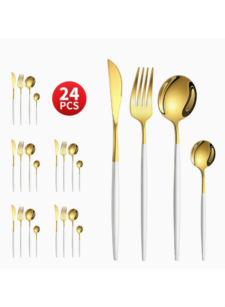 Premium 24-Piece Stainless Steel Cutlery Set in Multiple Colours Variations (Silver, Rose Gold, Gold, Pink/Gold, White/Gold Handles) with 6 X Main Knives/Main Forks/Soup Spoons/Dessert Spoons! Perfect for Gifting/Self-use!  - Image 2