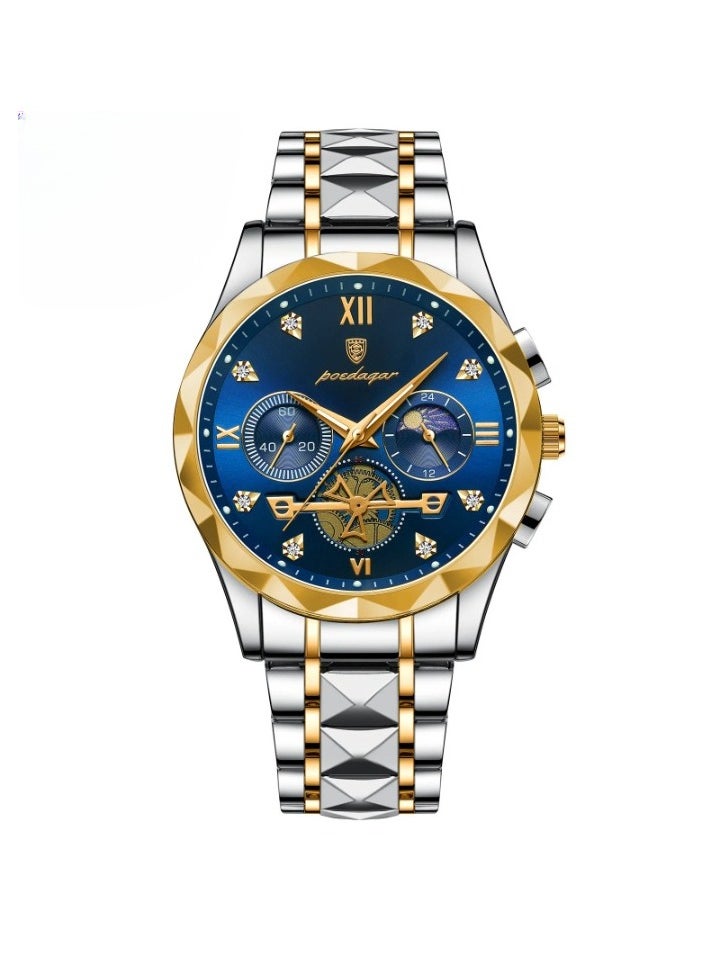 POEDAGAR Luxury Men Wristwatch, Classic And Fashionable Quartz Watch, Waterproof Luminous Chronograph Watch, Business Style Stainless Steel Wrist Watch For Men, (Gold Blue)  - Image 1