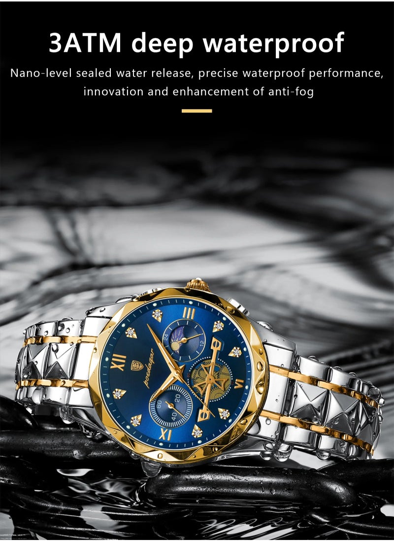 POEDAGAR Luxury Men Wristwatch, Classic And Fashionable Quartz Watch, Waterproof Luminous Chronograph Watch, Business Style Stainless Steel Wrist Watch For Men, (Gold Blue)  - Image 2