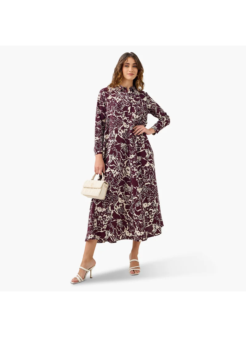 Iconic Iconic Floral Print Trapeze Midi Dress with Collar and Long Sleeves