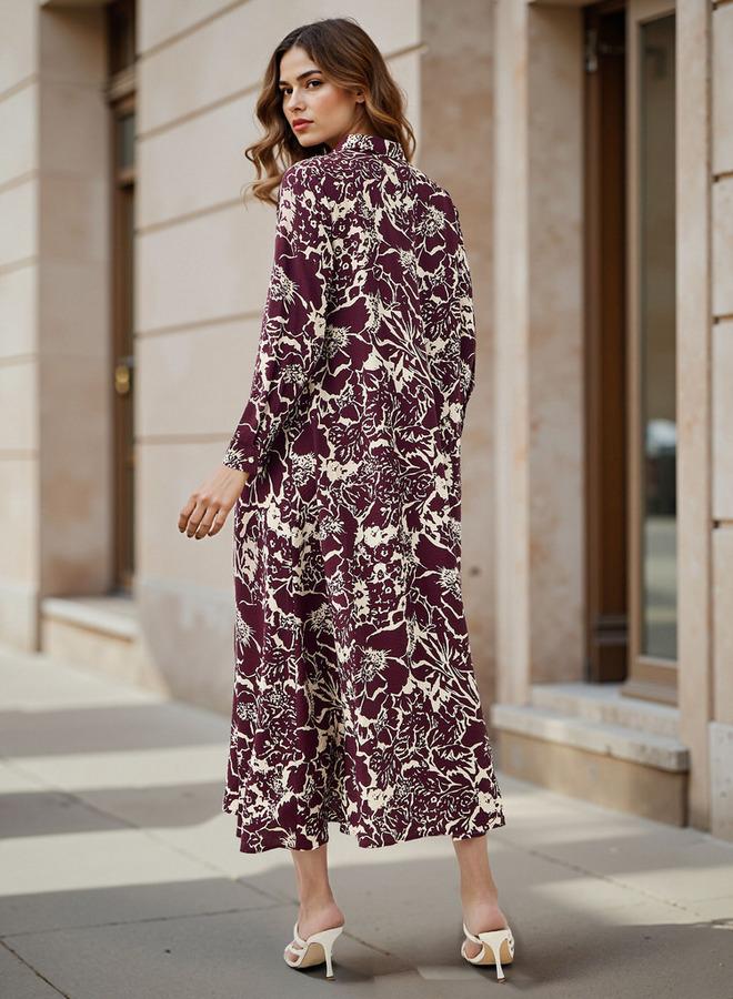 Iconic Floral Print Trapeze Midi Dress with Collar and Long Sleeves - Image 2