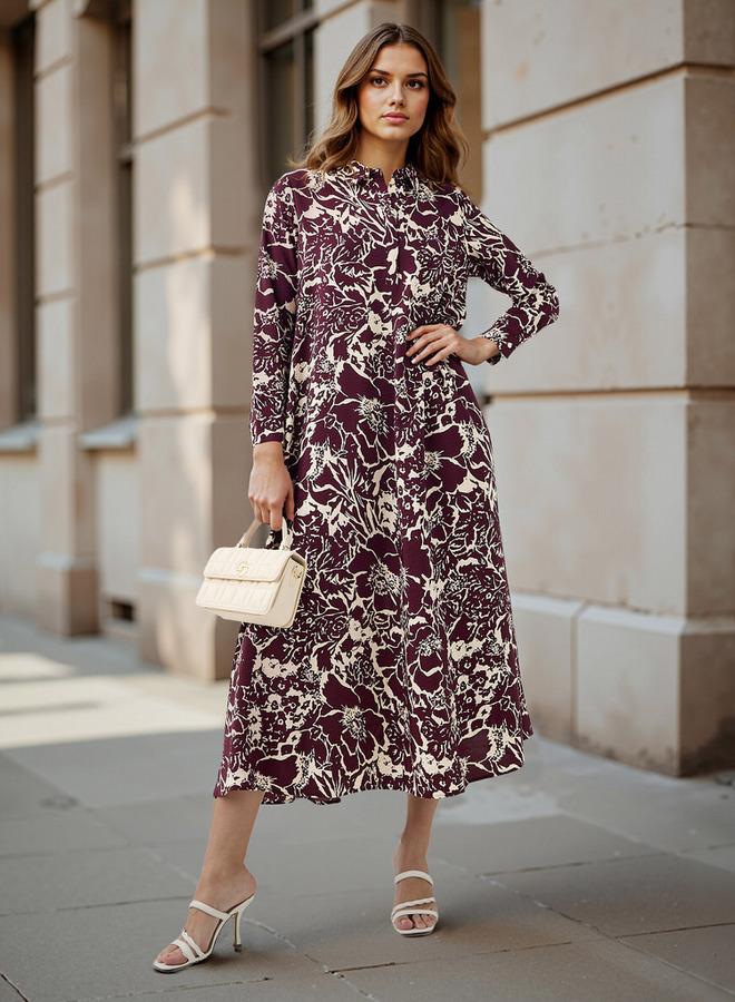 Iconic Floral Print Trapeze Midi Dress with Collar and Long Sleeves - Image 1