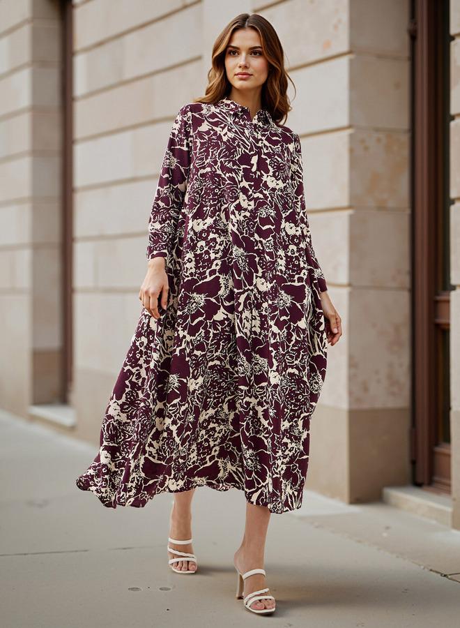 Iconic Floral Print Trapeze Midi Dress with Collar and Long Sleeves - Image 3