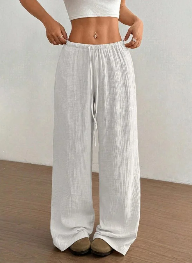 Textured Elastic Drawstring Waist Wide Leg Pants