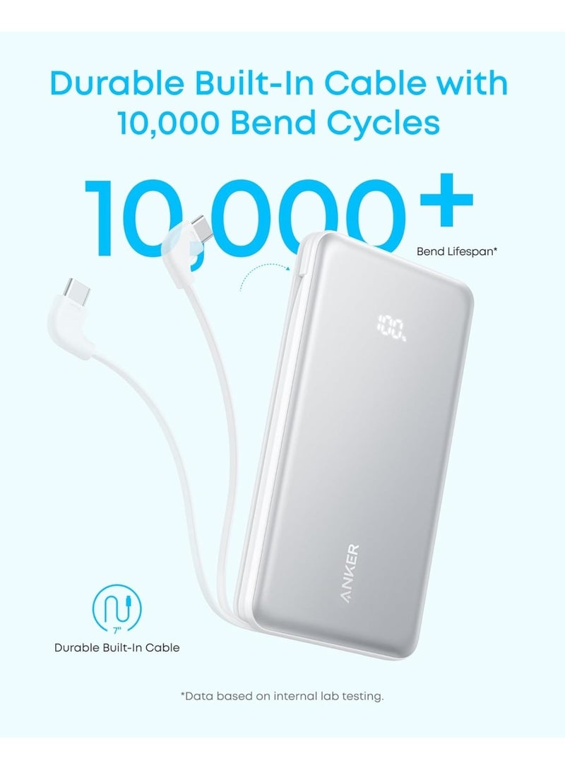 Anker Zolo 10000mAh Power Bank 22.5W, USB-C Portable Charger with Built-in Cable, White - Image 2
