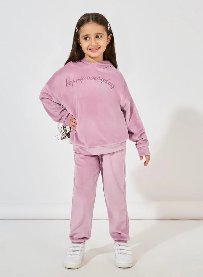 Styli Embroidery Detail Velvet Oversized Hoodie & Jogger Set
