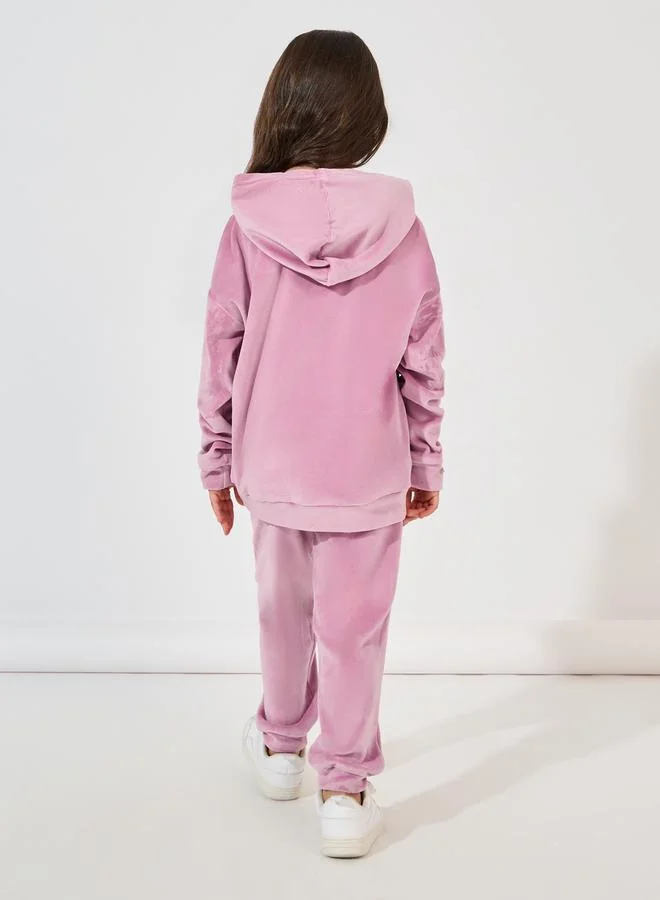 Styli Embroidery Detail Velvet Oversized Hoodie & Jogger Set
