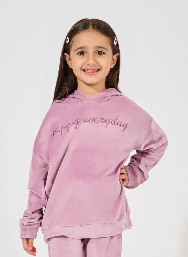 Styli Embroidery Detail Velvet Oversized Hoodie & Jogger Set