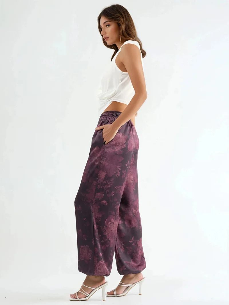 Qustyle QU STYLE Patterned Baggy Fit Elastic Leg Pants with Pockets