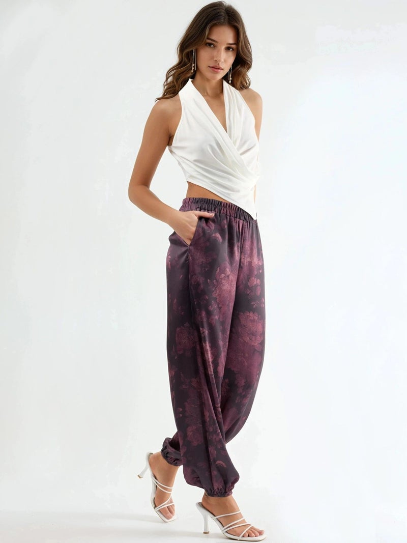 Qustyle QU STYLE Patterned Baggy Fit Elastic Leg Pants with Pockets - Image 4