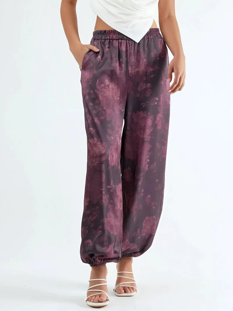 Qustyle QU STYLE Patterned Baggy Fit Elastic Leg Pants with Pockets
