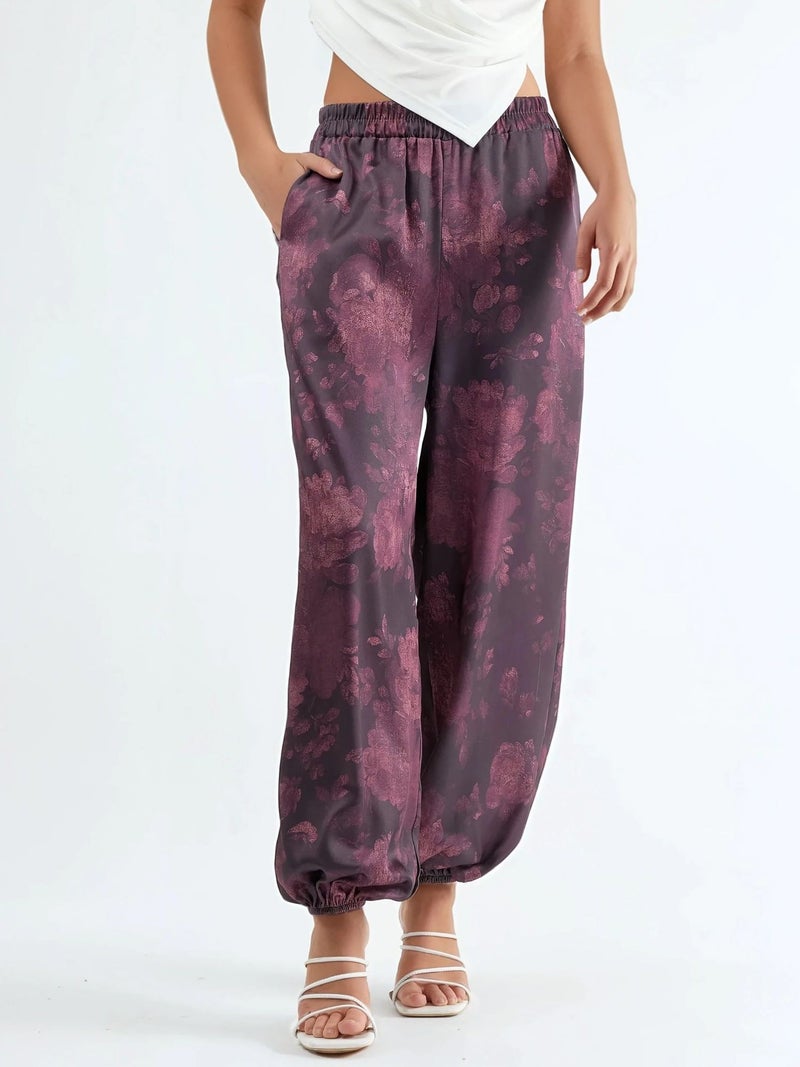 Qustyle QU STYLE Patterned Baggy Fit Elastic Leg Pants with Pockets - Image 1