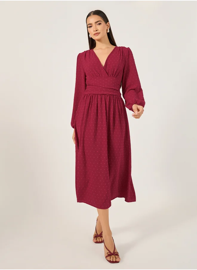 ستايلي Dobby Design V Neck A-Line Midi Dress