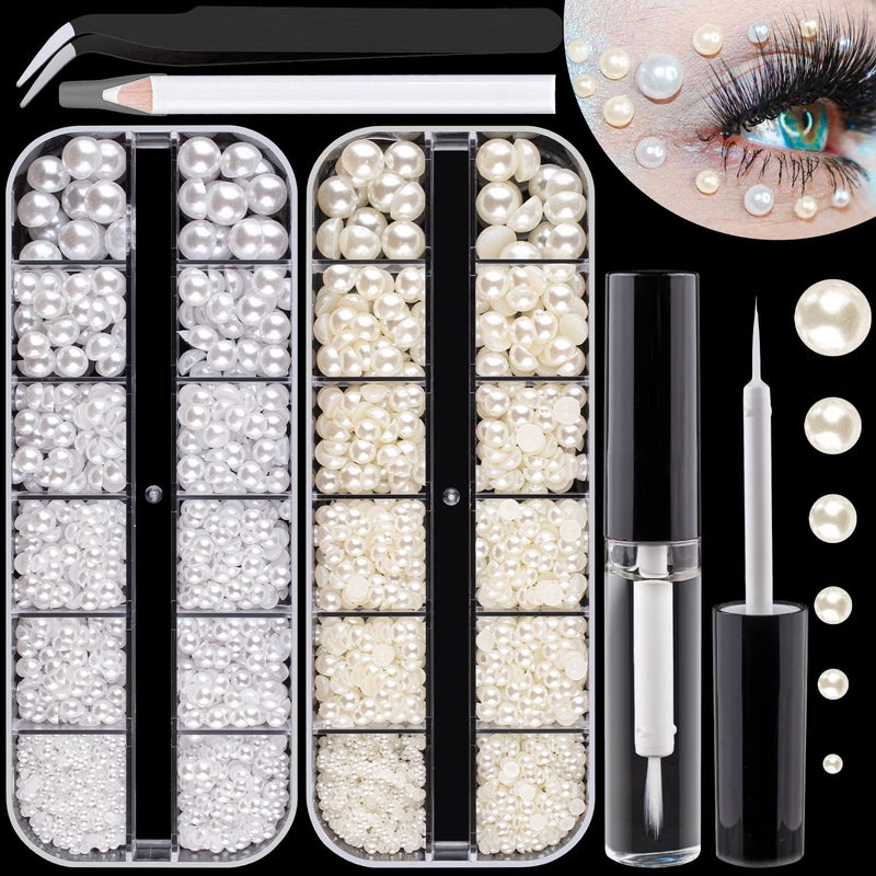 2700 PCS of 2 Boxes Flat Back Pearls Kits Half Round WhiteBeige Pearls with Quick Dry Makeup GluePicker PencilTweezer for Nail Art and Face Eye Body Makeup
